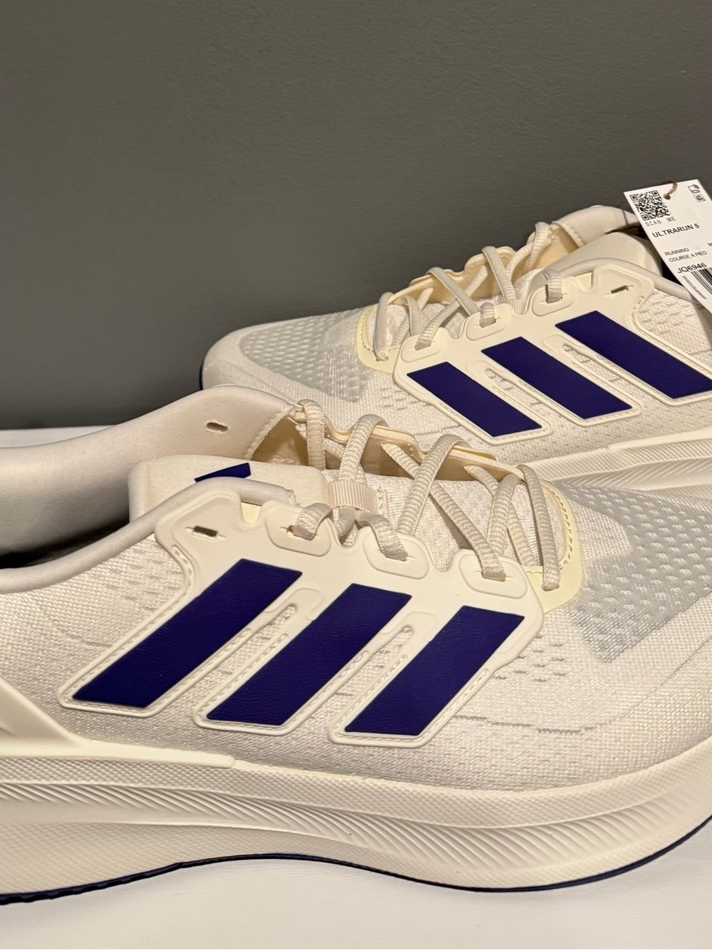 Adidas UltraRun 5 men’s size 11.5, White Sneakers with Purple Three-Stripes